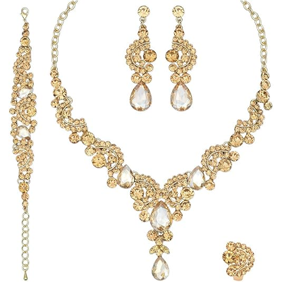 Elegant Crystal Necklace Earrings Bracelet Ring Bridal Wedding Party Costume Jewelry Sets for Brides Women