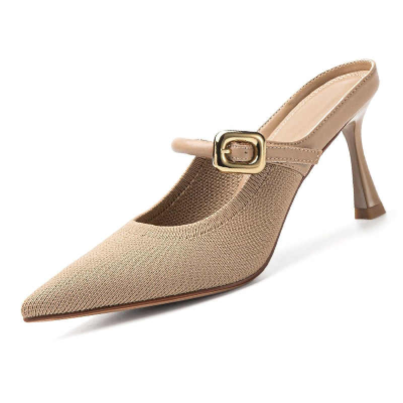 Women's Pointed Toe Heeled Mules, Knit Sandals, Slip-On Shoes