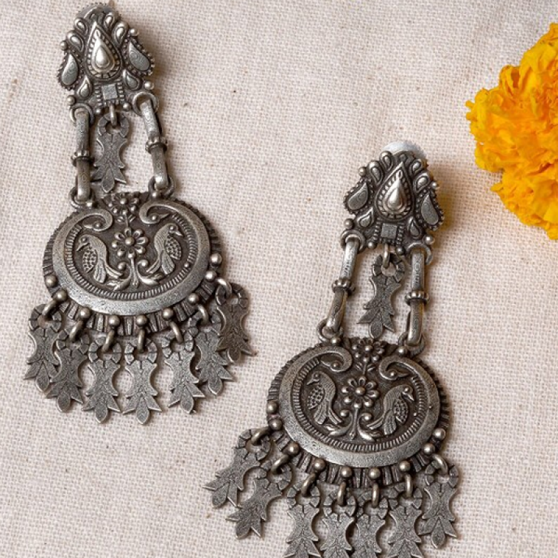 Silver-Plated Diamond Studded Contemporary Drop Earrings