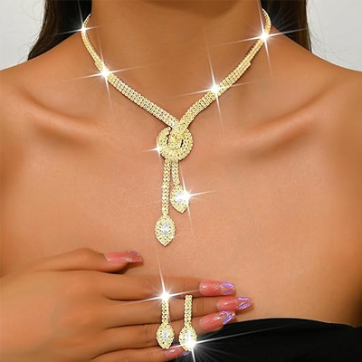 Silver Rhinestone Bridal Wedding Jewelry Set Crystal Necklace Earrings Sets Formal