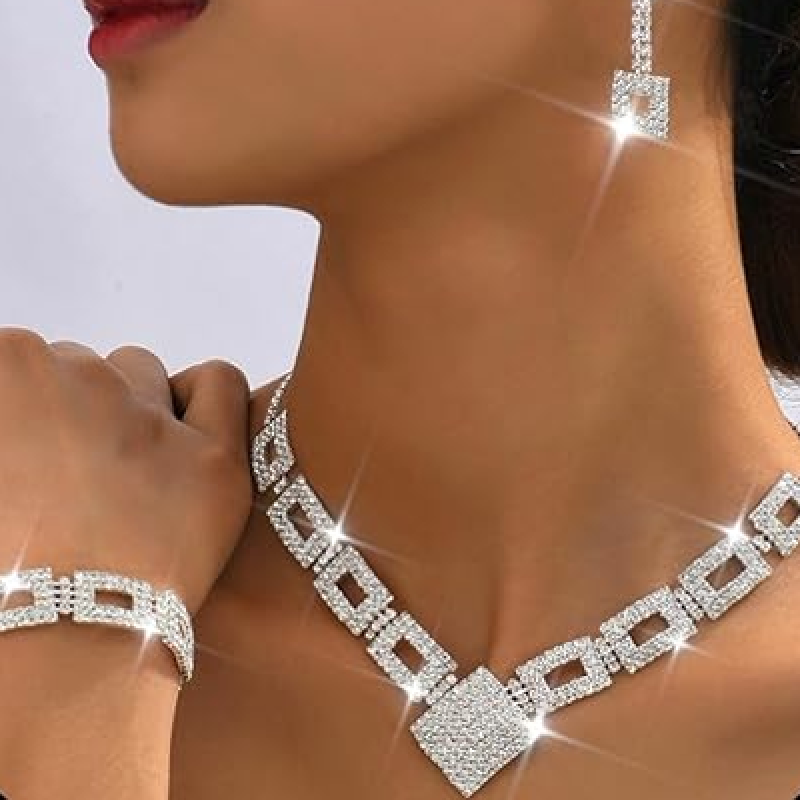 Crystal Bridal Wedding Jewelry Set Silver Rhinestone Necklace Earrings Bracelet Sets