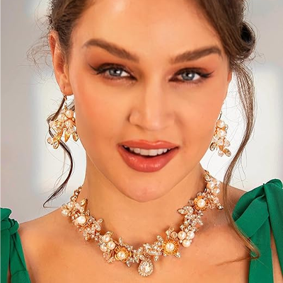 Gold Wedding Jewelry Sets Rhinestone Necklace and Earring Set Bridal Prom Costume Jewelry for Women and Brides