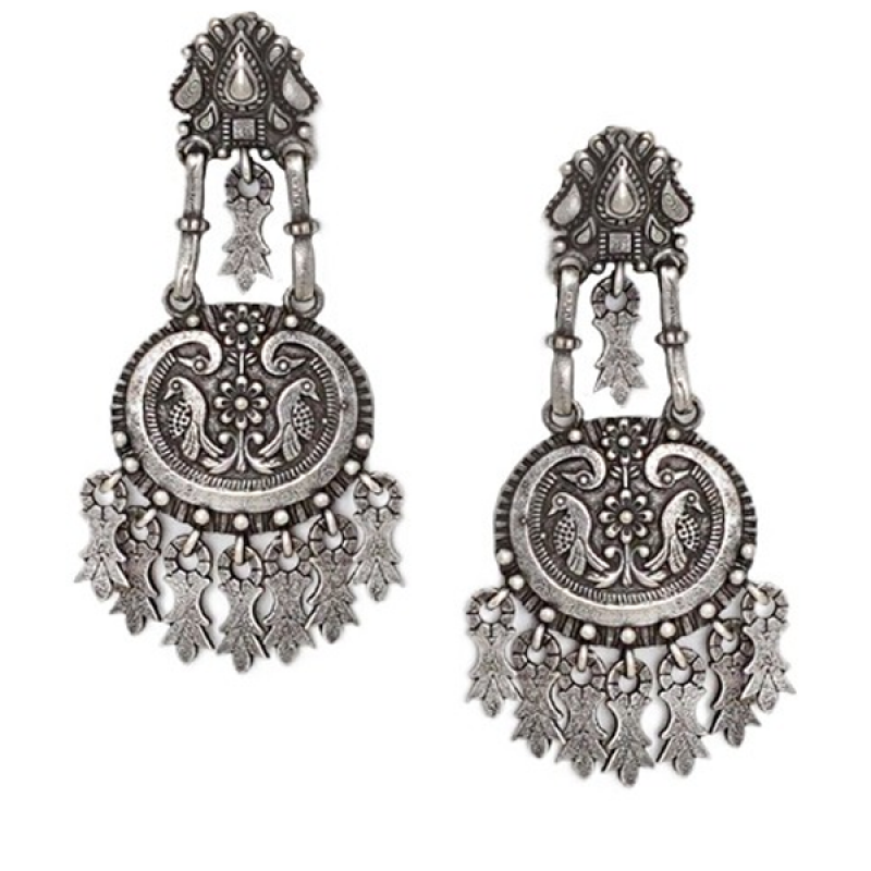 Silver-Plated Diamond Studded Contemporary Drop Earrings