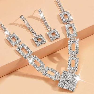 Crystal Bridal Wedding Jewelry Set Silver Rhinestone Necklace Earrings Bracelet Sets