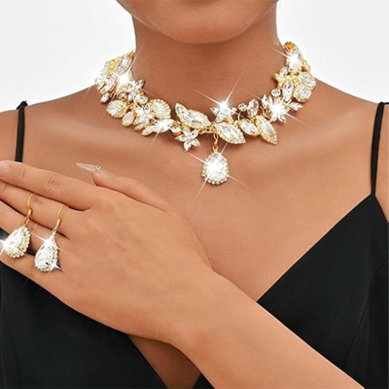 Crystal Bridal Wedding Jewelry Set Rhinestone Necklace Earrings Sets Formal Costume Jewelry for Women and Brides