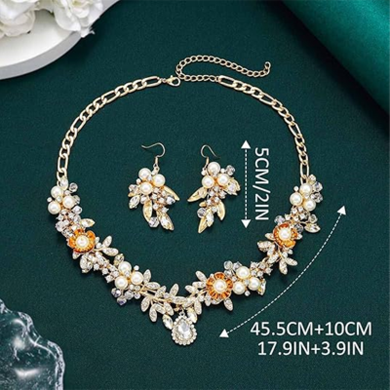 Gold Wedding Jewelry Sets Rhinestone Necklace and Earring Set Bridal Prom Costume Jewelry for Women and Brides