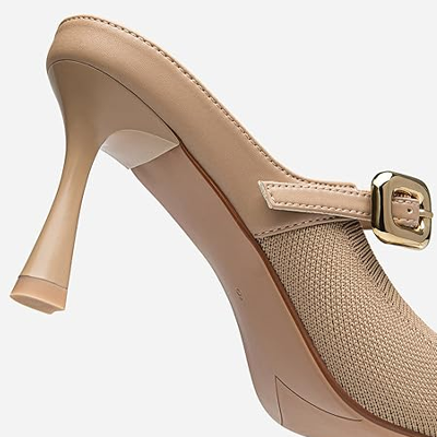 Women's Pointed Toe Heeled Mules, Knit Sandals, Slip-On Shoes