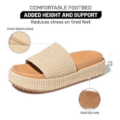 Women's Platform Wedge espadrille slides Summer Beach Cute Raffia Slip On