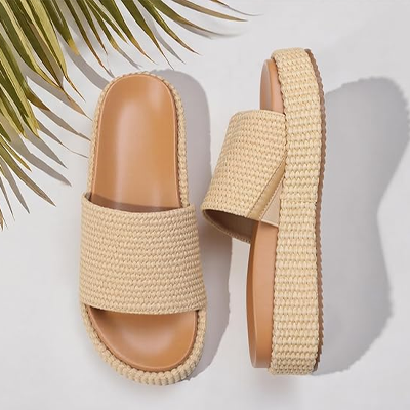 Women's Platform Wedge espadrille slides Summer Beach Cute Raffia Slip On