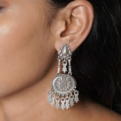 Silver-Plated Diamond Studded Contemporary Drop Earrings