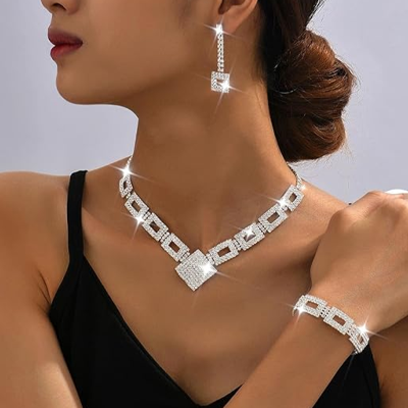 Crystal Bridal Wedding Jewelry Set Silver Rhinestone Necklace Earrings Bracelet Sets