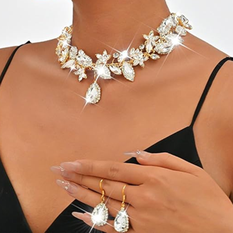 Crystal Bridal Wedding Jewelry Set Rhinestone Necklace Earrings Sets Formal Costume Jewelry for Women and Brides
