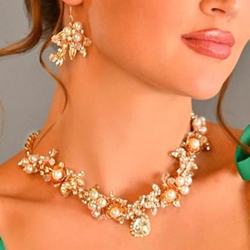 Gold Wedding Jewelry Sets Rhinestone Necklace and Earring Set Bridal Prom Costume Jewelry for Women and Brides